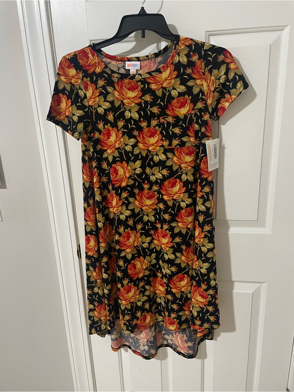 Black Floral Swing Dress with Orange Rose Print